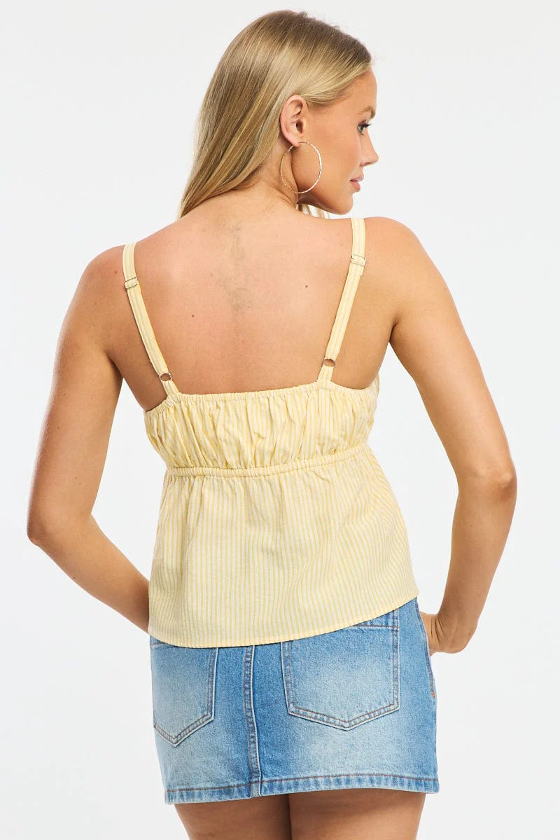Yellow Stripe Cami Top Sleeveless Front Tie Babydoll - Image 4