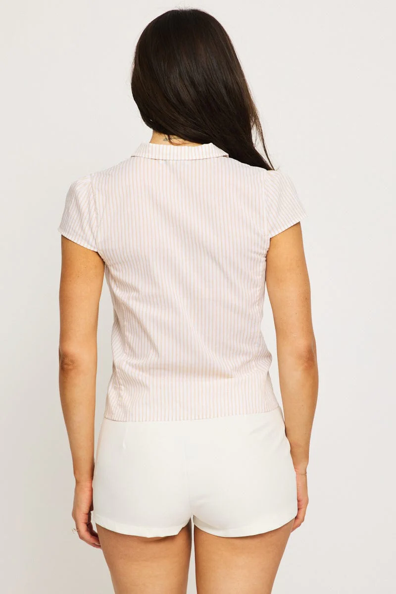 Yellow Stripe Short Sleeve Shirt Collared Button Up Lined - Image 4