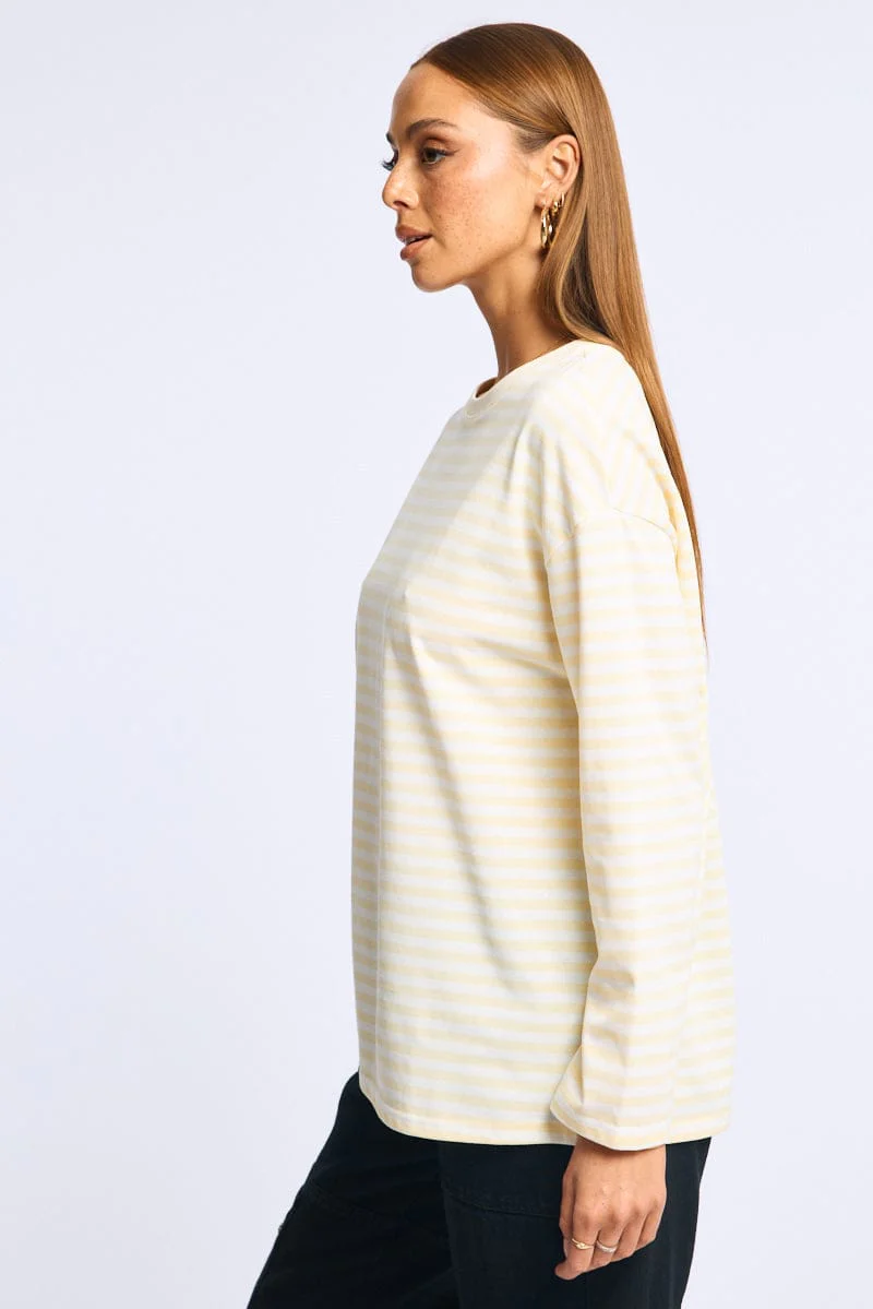 Yellow Stripe Striped Top Crew Neck Long Sleeve - Image 3