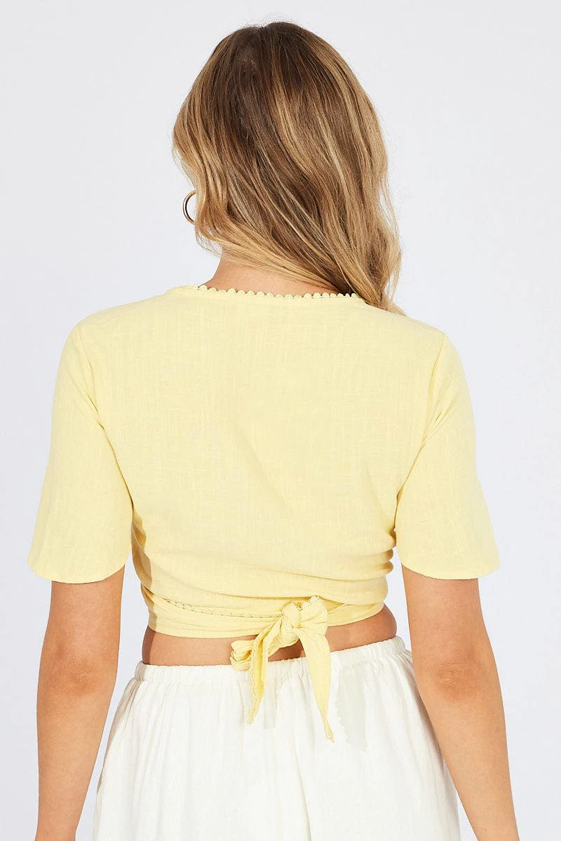 Yellow Tie Up Top Short Sleeve Linen - Image 5