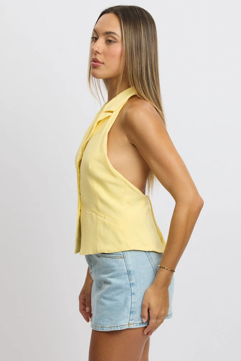 Yellow Vest Top V Neck Halter Neck Open Back - Image 4